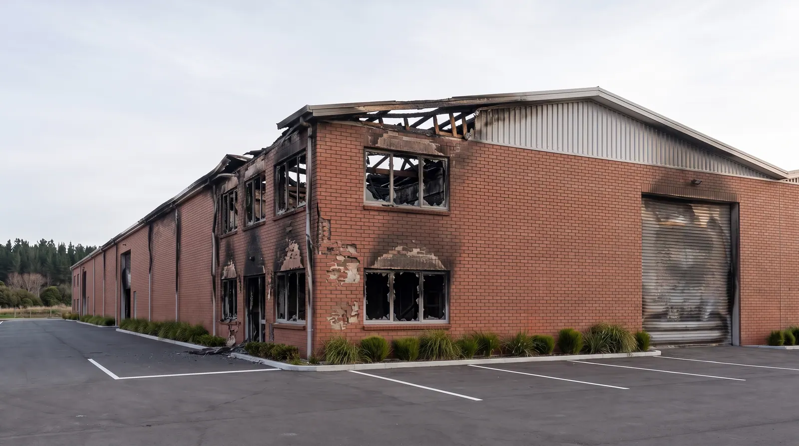 Brick veneer industrial / warehouse with moderate fire damage